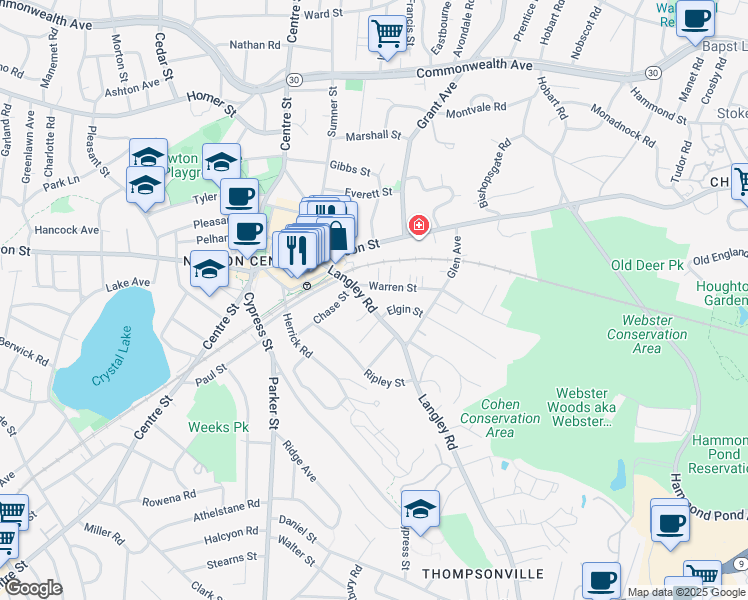 map of restaurants, bars, coffee shops, grocery stores, and more near 123 Langley Road in Newton