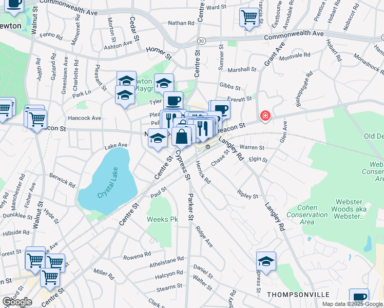 map of restaurants, bars, coffee shops, grocery stores, and more near 35 Cypress Street in Newton