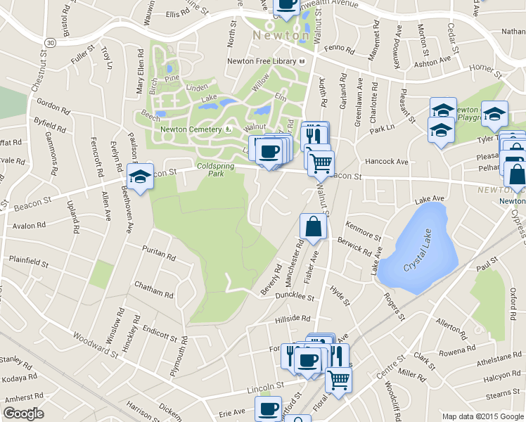 map of restaurants, bars, coffee shops, grocery stores, and more near 73 Beaconwood Road in Newton
