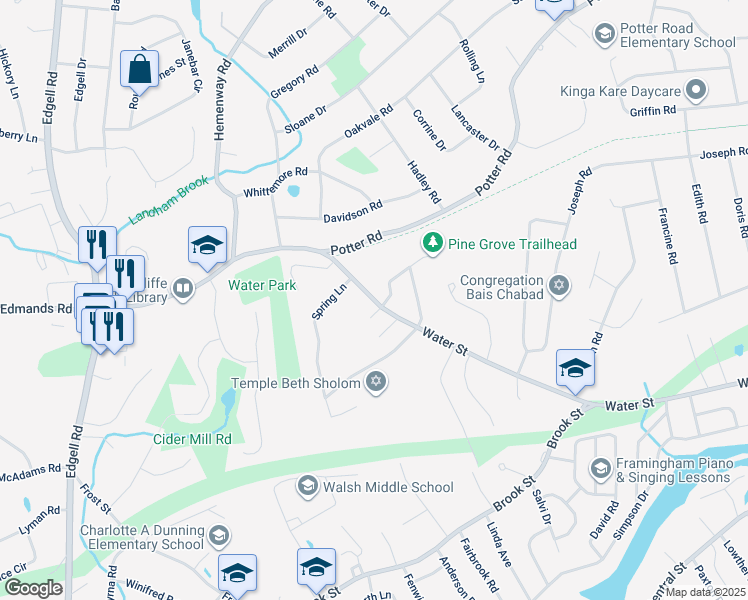 map of restaurants, bars, coffee shops, grocery stores, and more near 532 Water Street in Framingham