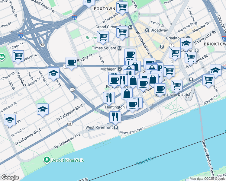 map of restaurants, bars, coffee shops, grocery stores, and more near 615 West Lafayette Boulevard in Detroit