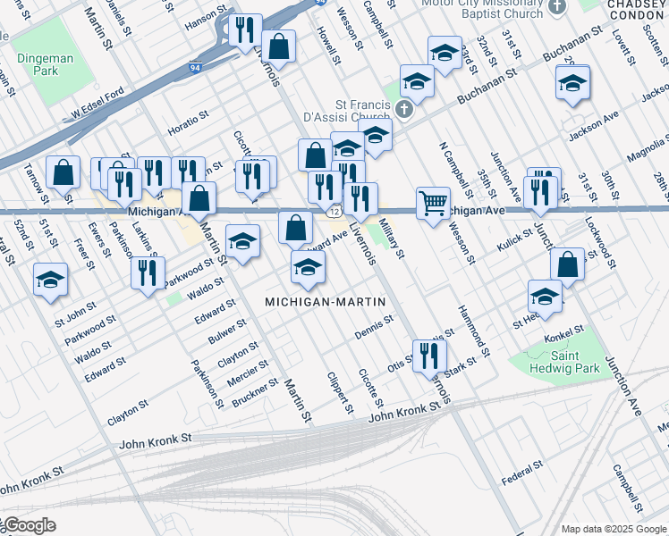 map of restaurants, bars, coffee shops, grocery stores, and more near 3824 Cicotte Street in Detroit