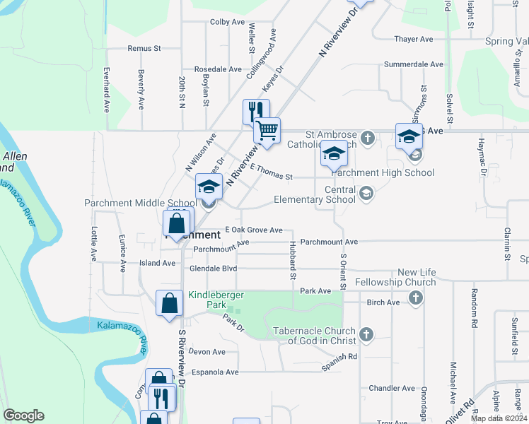map of restaurants, bars, coffee shops, grocery stores, and more near 269 East Oak Grove Avenue in Parchment