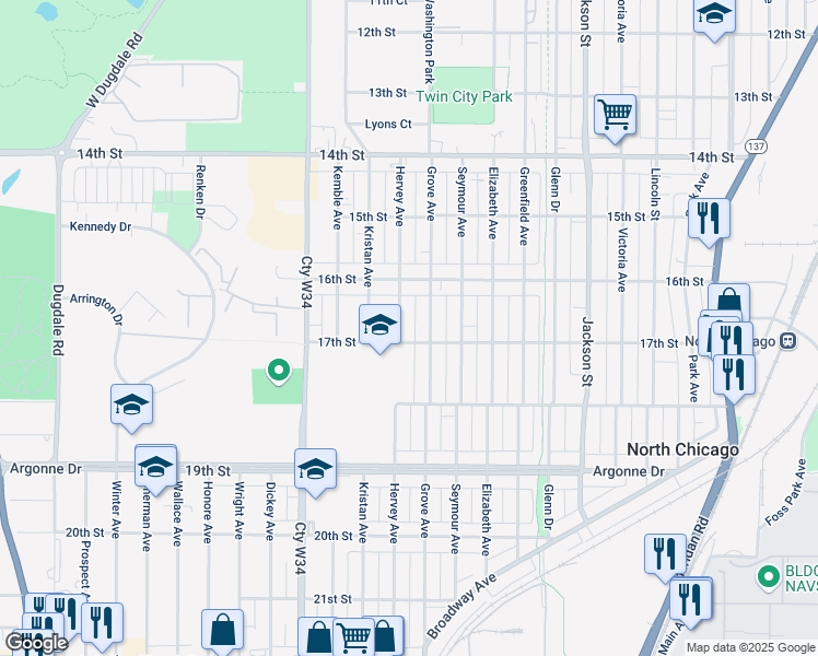 map of restaurants, bars, coffee shops, grocery stores, and more near 1616 17th Street in North Chicago