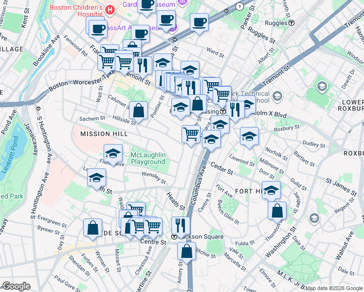 map of restaurants, bars, coffee shops, grocery stores, and more near 111 Terrace Street in Boston