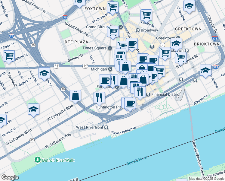 map of restaurants, bars, coffee shops, grocery stores, and more near 450 West Fort Street in Detroit