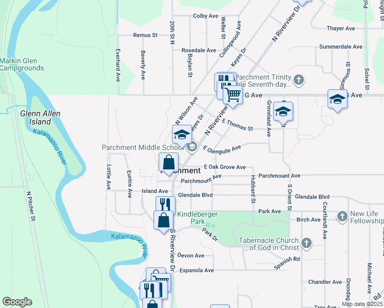 map of restaurants, bars, coffee shops, grocery stores, and more near 307 North Riverview Drive in Parchment