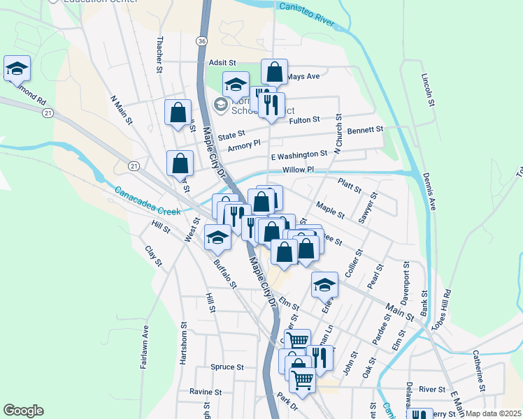 map of restaurants, bars, coffee shops, grocery stores, and more near 50 Seneca Street in Hornell