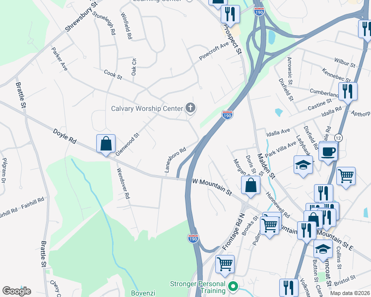 map of restaurants, bars, coffee shops, grocery stores, and more near 23 Lanesboro Road in Worcester