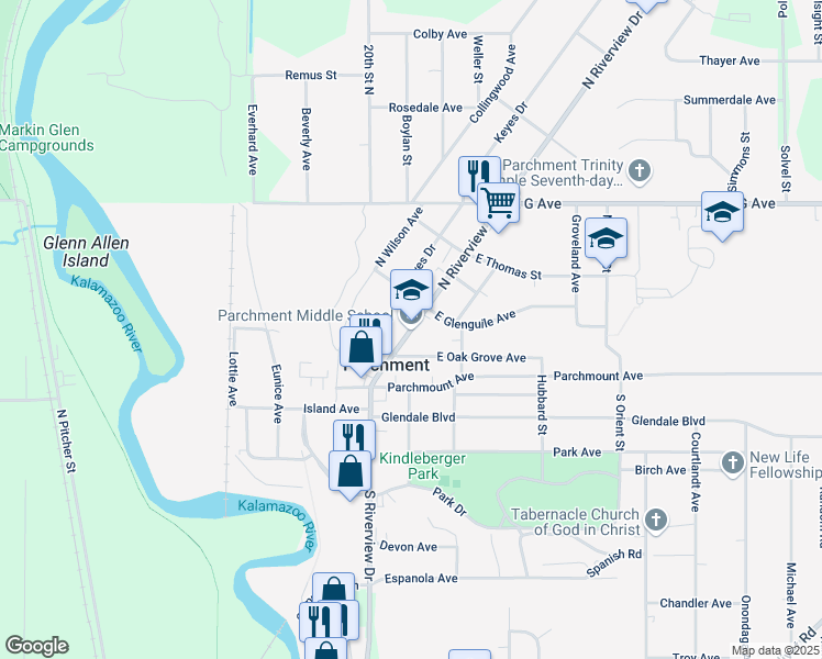 map of restaurants, bars, coffee shops, grocery stores, and more near 307 North Riverview Drive in Parchment