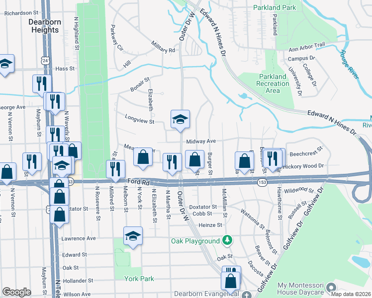 map of restaurants, bars, coffee shops, grocery stores, and more near 5693 Hubbell Street in Dearborn Heights