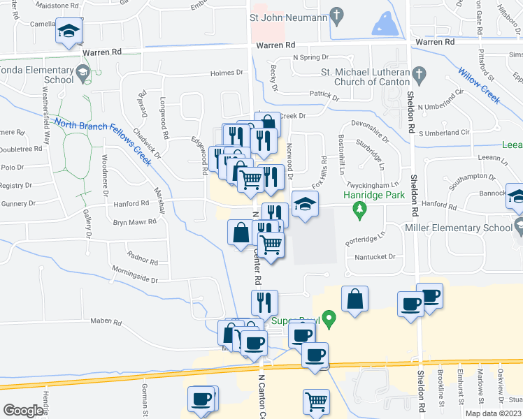 map of restaurants, bars, coffee shops, grocery stores, and more near 6231 North Canton Center Road in Canton