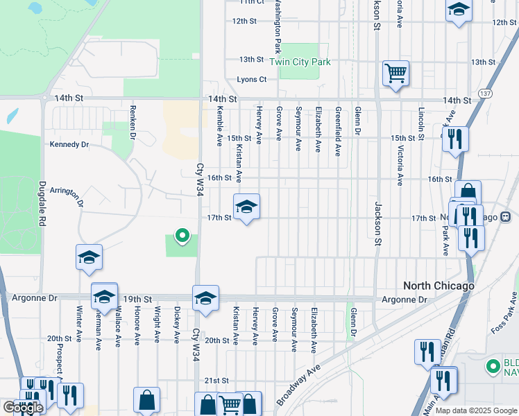 map of restaurants, bars, coffee shops, grocery stores, and more near 1643 Hervey Avenue in North Chicago