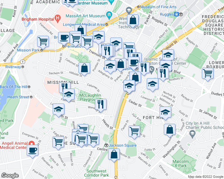 map of restaurants, bars, coffee shops, grocery stores, and more near Parker Street & Hillside Street in Boston