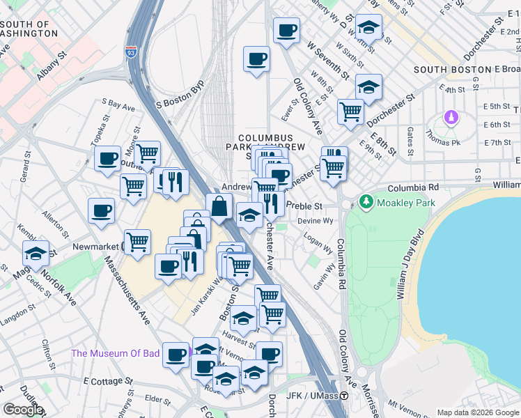 map of restaurants, bars, coffee shops, grocery stores, and more near 27-33 Boston Street in Boston