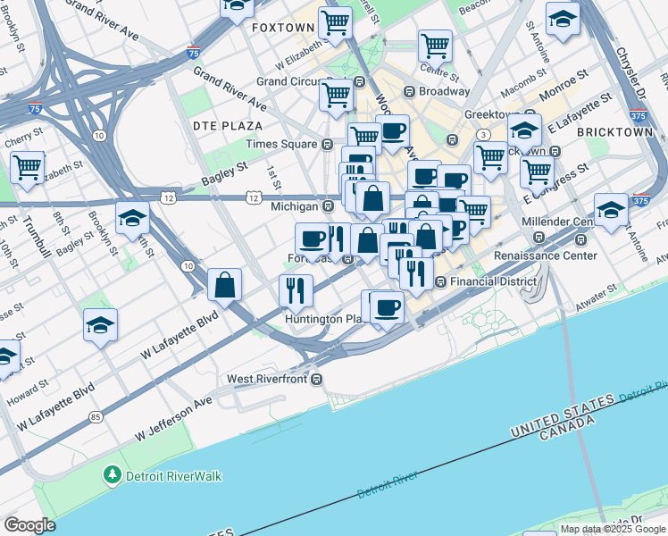 map of restaurants, bars, coffee shops, grocery stores, and more near 450 West Fort Street in Detroit