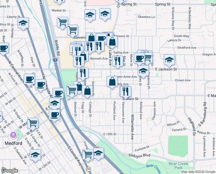 map of restaurants, bars, coffee shops, grocery stores, and more near 35 Crater Lake Avenue in Medford