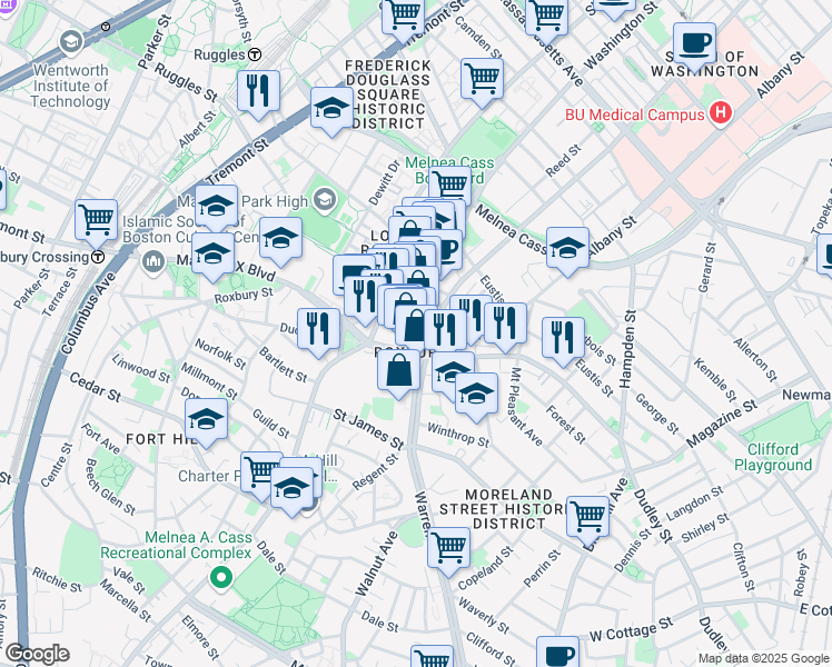 map of restaurants, bars, coffee shops, grocery stores, and more near 40 Warren Street in Boston