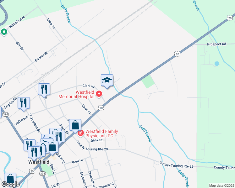 map of restaurants, bars, coffee shops, grocery stores, and more near 203 East Main Street in Westfield