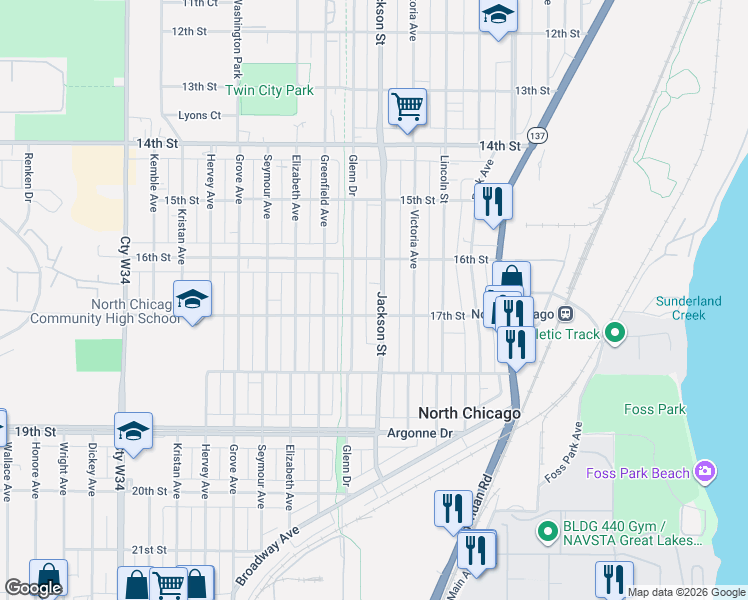 map of restaurants, bars, coffee shops, grocery stores, and more near 1636 Jackson Street in North Chicago