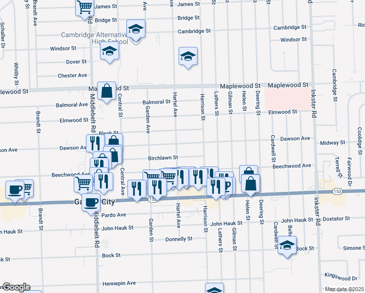 map of restaurants, bars, coffee shops, grocery stores, and more near 28529 Dawson Avenue in Garden City
