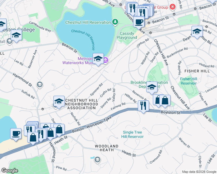 map of restaurants, bars, coffee shops, grocery stores, and more near 127 Crafts Road in Brookline