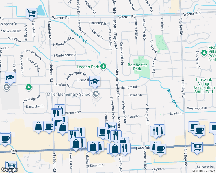 map of restaurants, bars, coffee shops, grocery stores, and more near 43541 Hanford Road in Canton