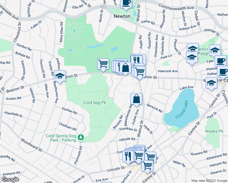 map of restaurants, bars, coffee shops, grocery stores, and more near 73 Beaconwood Road in Newton