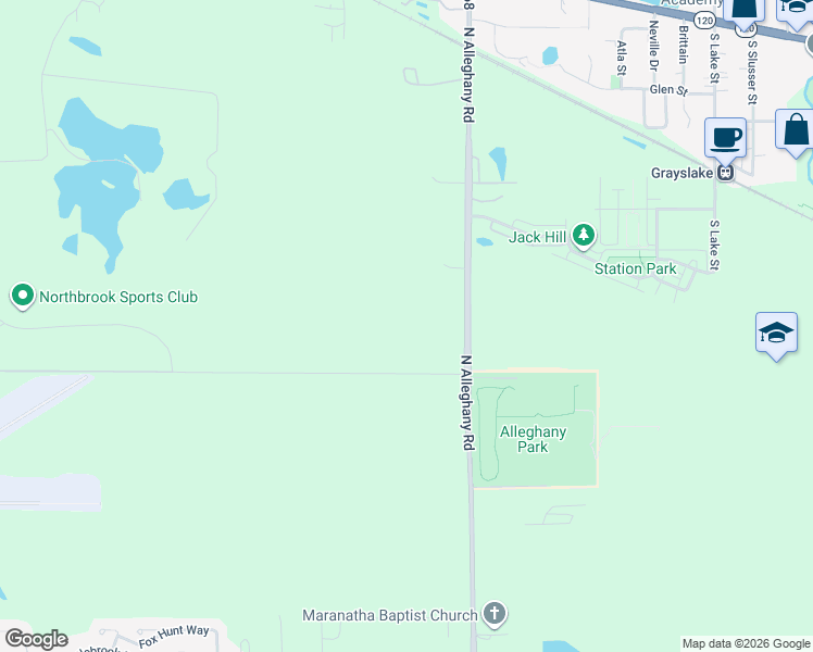 map of restaurants, bars, coffee shops, grocery stores, and more near 32100 North Alleghany Road in Grayslake