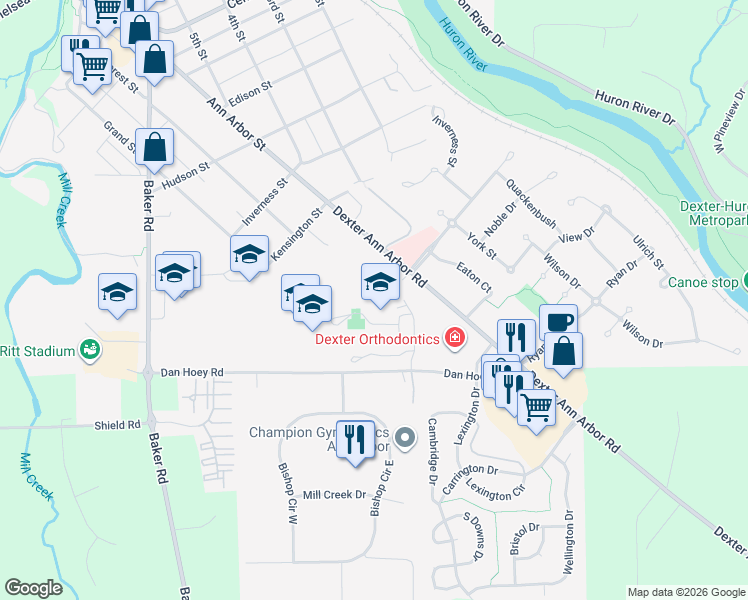 map of restaurants, bars, coffee shops, grocery stores, and more near 7305 Dexter Ann Arbor Road in Dexter