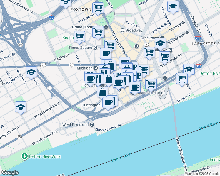 map of restaurants, bars, coffee shops, grocery stores, and more near 404 West Congress Street in Detroit