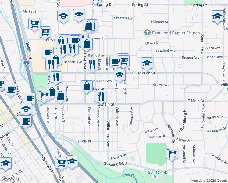 map of restaurants, bars, coffee shops, grocery stores, and more near 1301 East Main Street in Medford