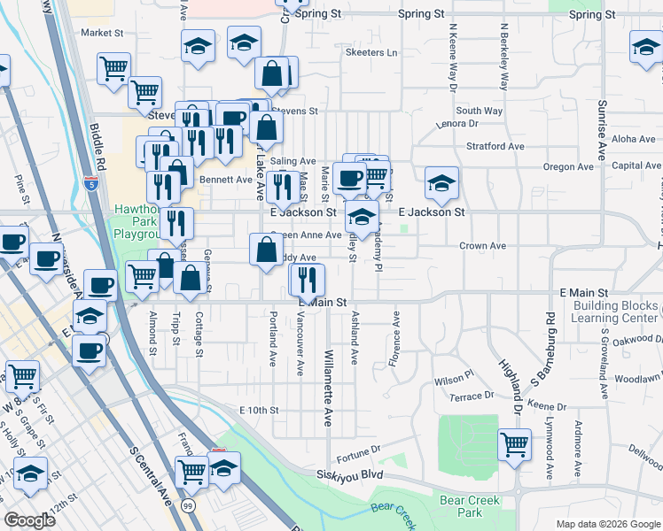 map of restaurants, bars, coffee shops, grocery stores, and more near 1175 East Main Street in Medford