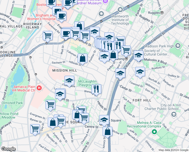 map of restaurants, bars, coffee shops, grocery stores, and more near 242 Parker Hill Avenue in Boston