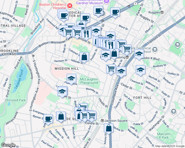 map of restaurants, bars, coffee shops, grocery stores, and more near 242 Parker Hill Avenue in Boston