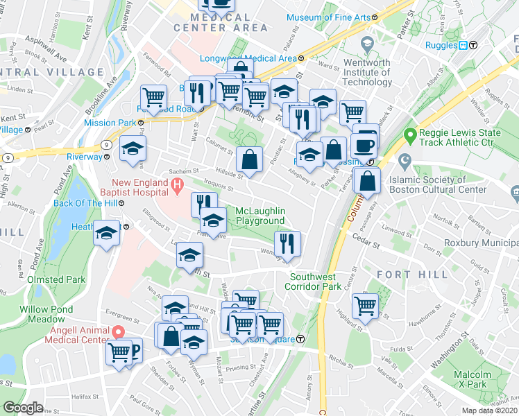 map of restaurants, bars, coffee shops, grocery stores, and more near 243 Parker Hill Avenue in Boston