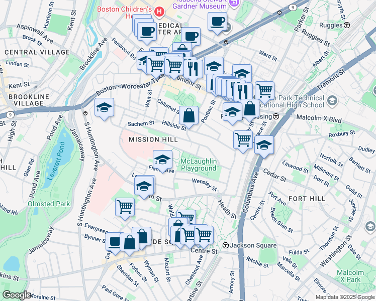 map of restaurants, bars, coffee shops, grocery stores, and more near 243 Parker Hill Avenue in Boston
