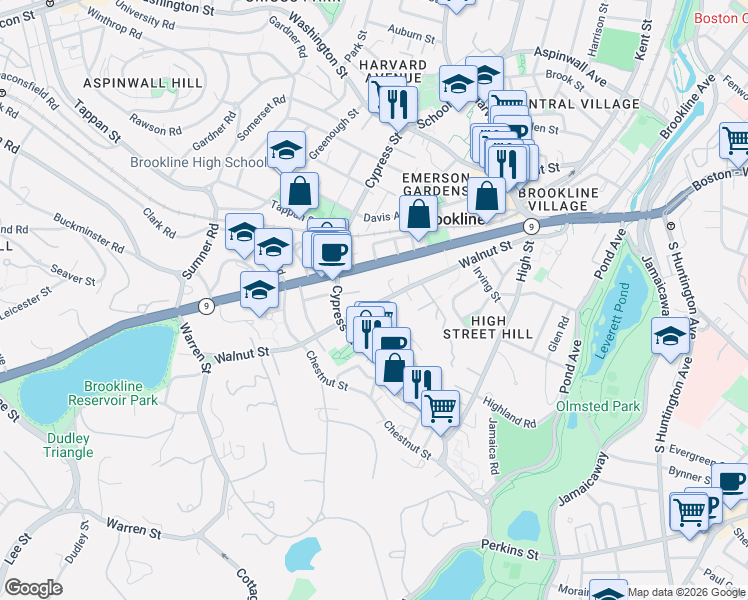 map of restaurants, bars, coffee shops, grocery stores, and more near 19 Oakland Road in Brookline