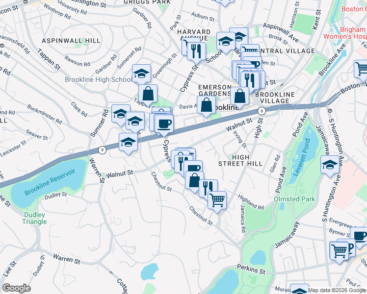 map of restaurants, bars, coffee shops, grocery stores, and more near 19 Oakland Road in Brookline