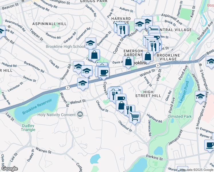 map of restaurants, bars, coffee shops, grocery stores, and more near 284 Walnut Street in Brookline