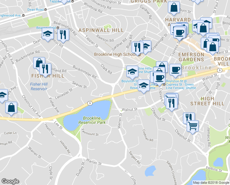 map of restaurants, bars, coffee shops, grocery stores, and more near 674 Boylston Street in Brookline