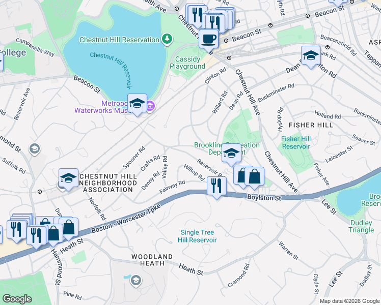 map of restaurants, bars, coffee shops, grocery stores, and more near 53 Hilltop Road in Brookline