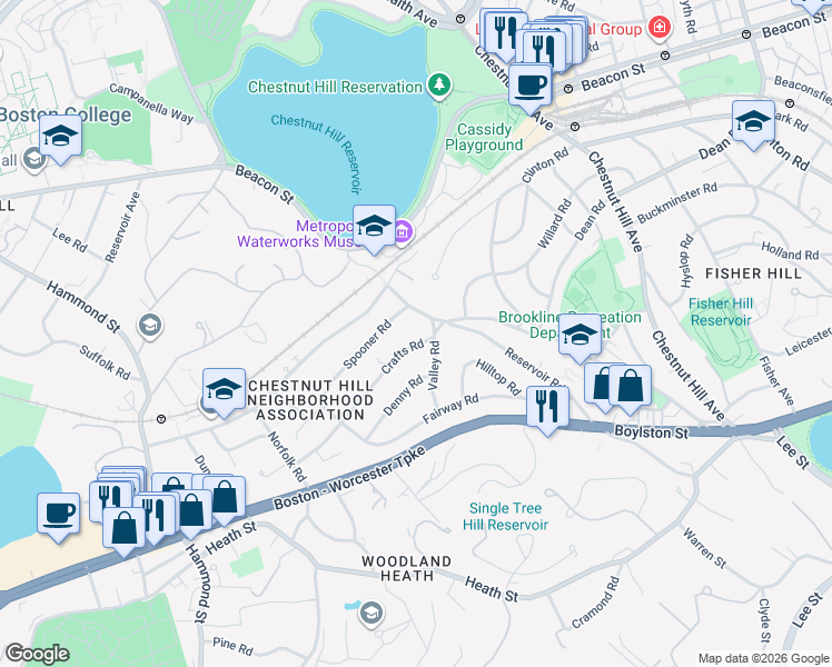 map of restaurants, bars, coffee shops, grocery stores, and more near 127 Crafts Road in Brookline