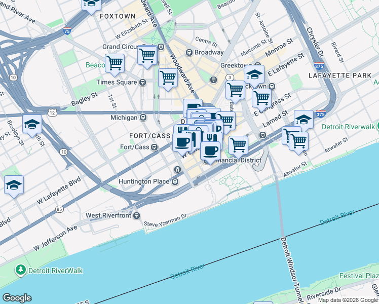map of restaurants, bars, coffee shops, grocery stores, and more near 202 West Larned Street in Detroit