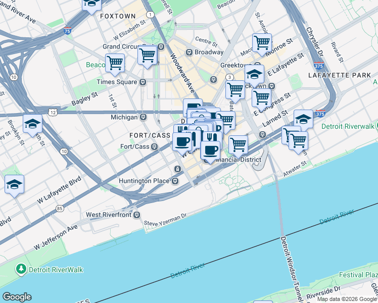 map of restaurants, bars, coffee shops, grocery stores, and more near 202 West Larned Street in Detroit