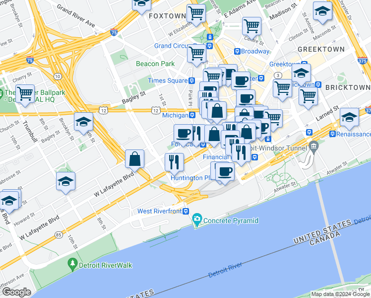 map of restaurants, bars, coffee shops, grocery stores, and more near 450 West Fort Street in Detroit