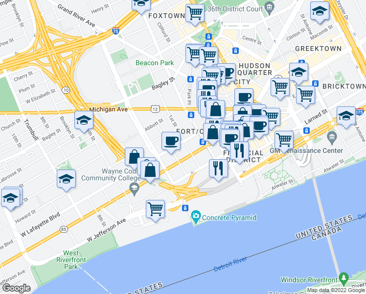 map of restaurants, bars, coffee shops, grocery stores, and more near 615 West Lafayette Boulevard in Detroit