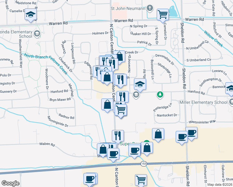 map of restaurants, bars, coffee shops, grocery stores, and more near 6231 North Canton Center Road in Canton
