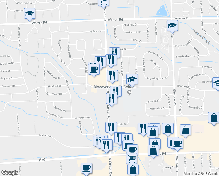 map of restaurants, bars, coffee shops, grocery stores, and more near 6231 North Canton Center Road in Canton