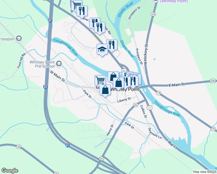 map of restaurants, bars, coffee shops, grocery stores, and more near 2624 Main Street in Whitney Point